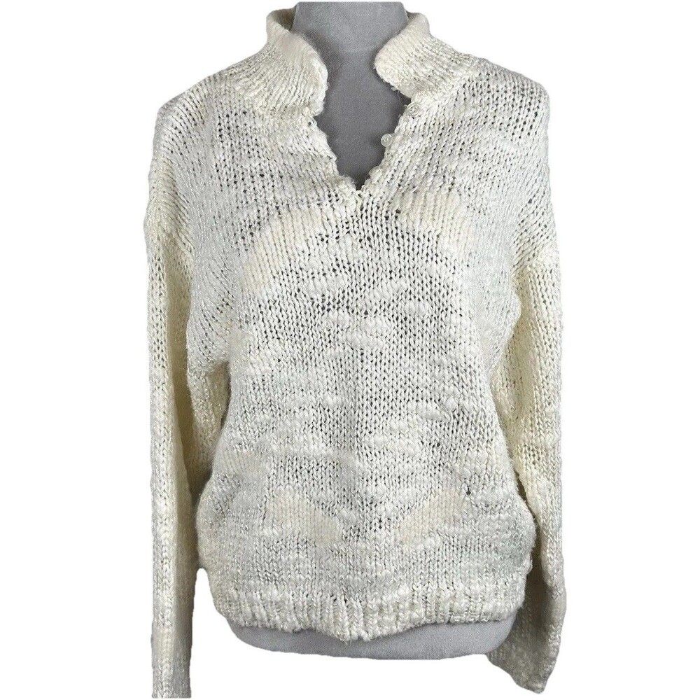 VTG Plums & Pearls Angora Wool Blend Women’s Sweater LARGE Chunky Open Weave